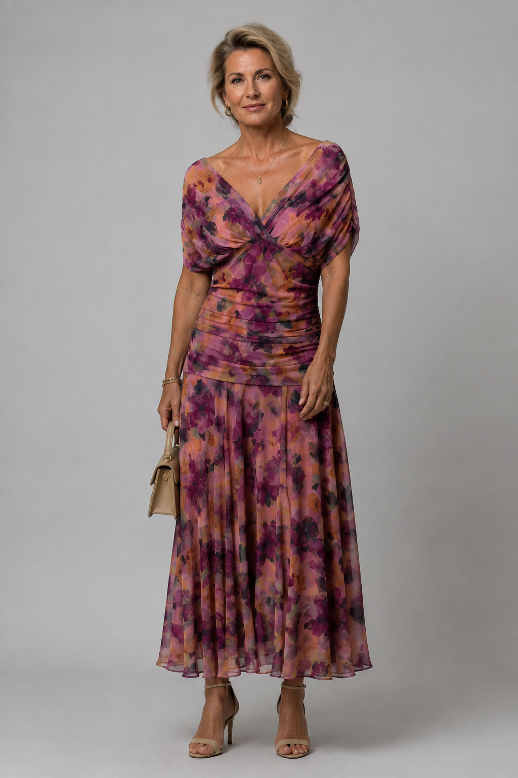 Ariane – Robe midi drapée épaules dénudées