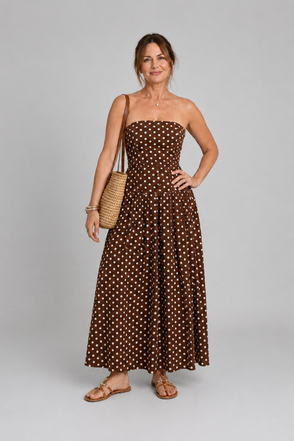 Solène – Robe midi bustier à pois