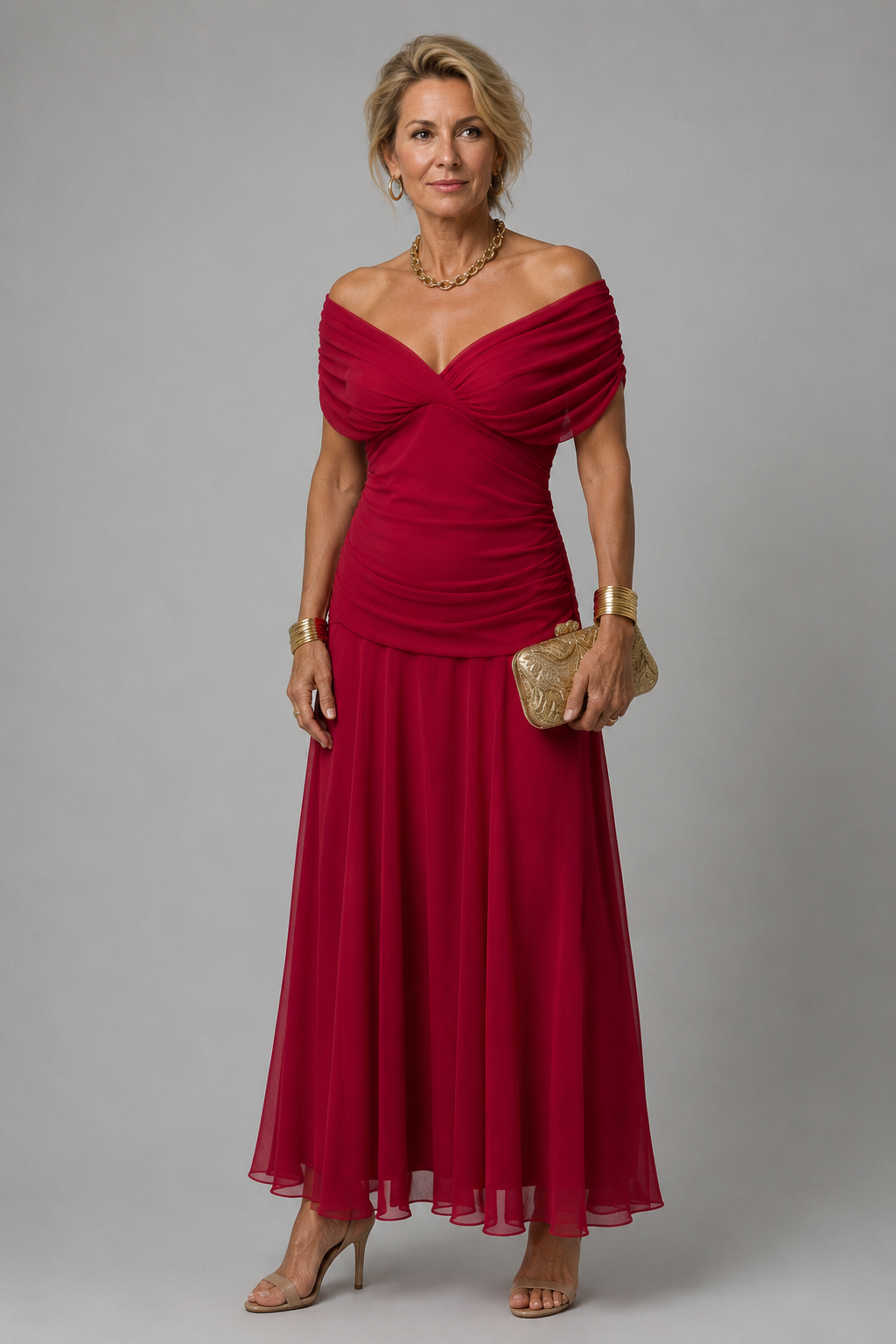 Ariane – Robe midi drapée épaules dénudées