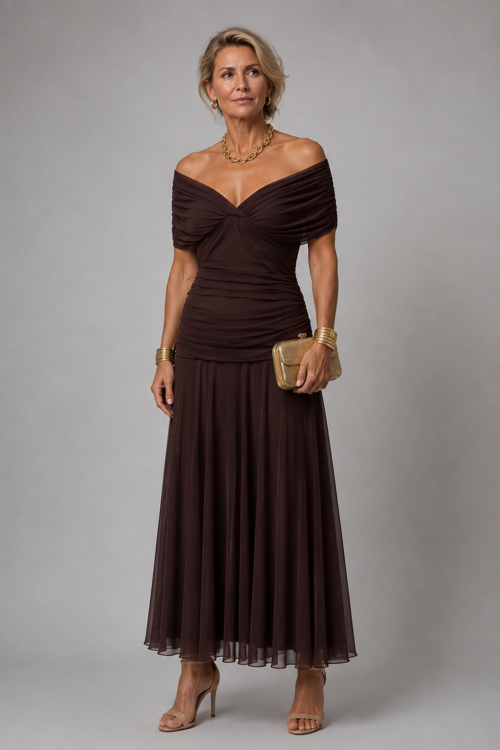 Ariane – Robe midi drapée épaules dénudées